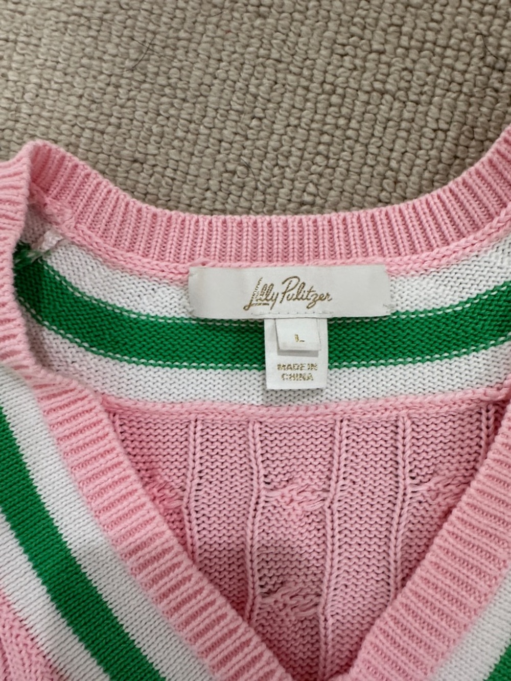Lilly Pulitzer Pink Cable-Knit V-Neck Sweater with Green Trim - Picture 2 of 3